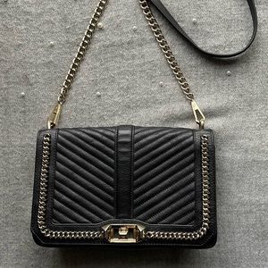 Rebecca Minkoff Chevron Quilted Love Chain Gold Black Leather Flap Handbag
